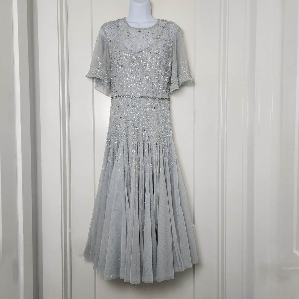 Mac Duggal Cape Sleeve Beaded Midi Dress Powder Blue Silver Ethereal Glam 6 $598 - Picture 2 of 16